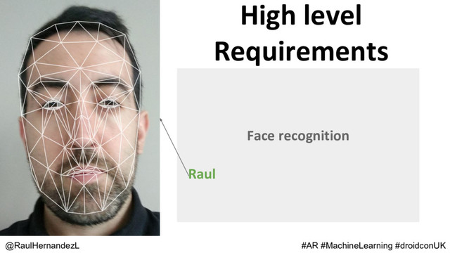 High level
Requirements
@RaulHernandezL #AR #MachineLearning #droidconUK
Face recognition
Raul
