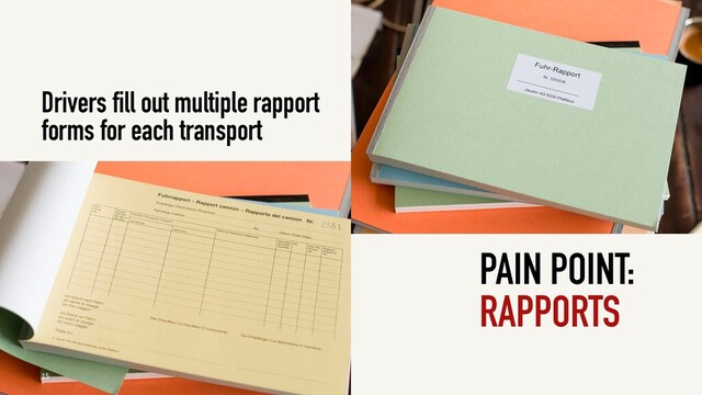 15
PAIN POINT:
RAPPORTS
Drivers fill out multiple rapport
forms for each transport
