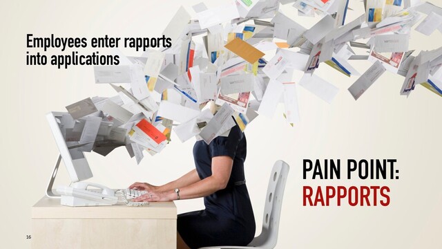 16
PAIN POINT:
RAPPORTS
Employees enter rapports
into applications
