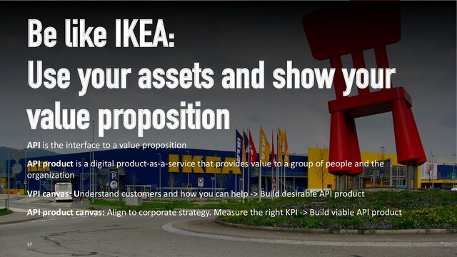 Be like IKEA:
Use your assets and show your
value proposition
API is the interface to a value proposition
API product is a digital product-as-a-service that provides value to a group of people and the
organization
VPI canvas: Understand customers and how you can help -> Build desirable API product
API product canvas: Align to corporate strategy. Measure the right KPI -> Build viable API product
37

