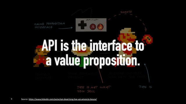 API is the interface to
a value proposition.
9 Source: https://www.linkedin.com/pulse/api-dead-long-live-vpi-amancio-bouza/
