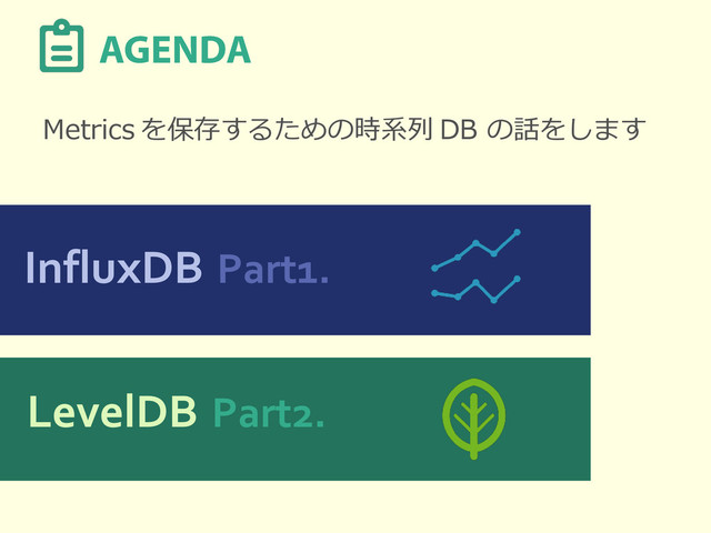 Metrics を保存するための時系列 DB の話をします
InfluxDB Part1.
LevelDB Part2.
