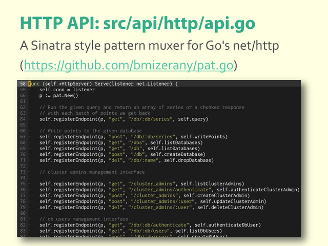 A Sinatra style pattern muxer for Go's net/http
(https://github.com/bmizerany/pat.go)
