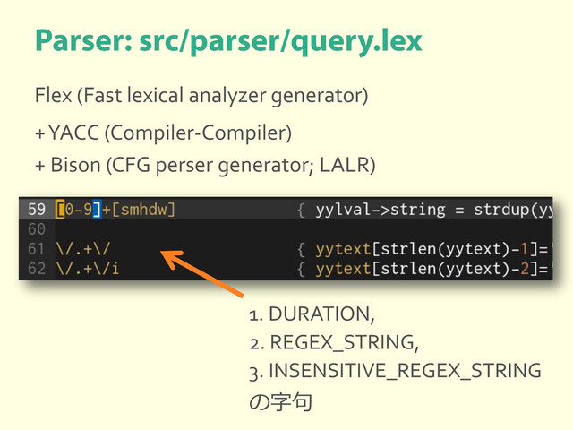 Flex (Fast lexical analyzer generator)
+ YACC (Compiler-Compiler)
+ Bison (CFG perser generator; LALR)
1. DURATION,
2. REGEX_STRING,
3. INSENSITIVE_REGEX_STRING
の字句
