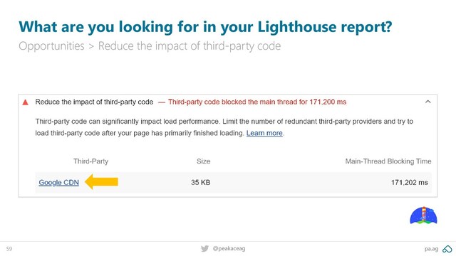 pa.ag
@peakaceag
59
What are you looking for in your Lighthouse report?
Opportunities > Reduce the impact of third-party code
