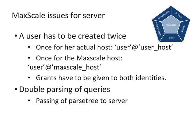 MaxScale issues for server
• A user has to be created twice
• Once for her actual host: ‘user’@’user_host’
• Once for the Maxscale host:
‘user’@’maxscale_host’
• Grants have to be given to both identities.
• Double parsing of queries
• Passing of parsetree to server
