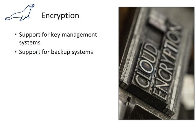 Encryption
• Support for key management
systems
• Support for backup systems
10
