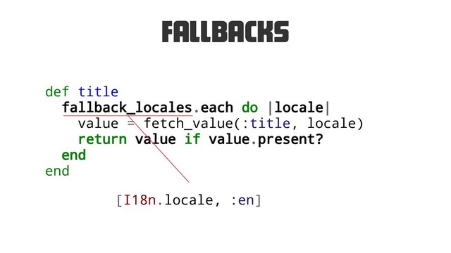 Fallbacks
def title
fallback_locales.each do |locale|
value = fetch_value(:title, locale)
return value if value.present?
end
end
[I18n.locale, :en]
