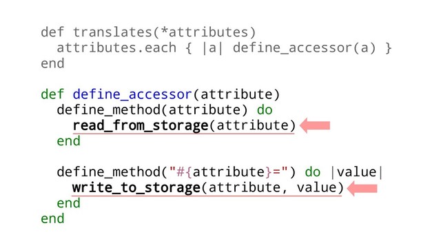 def translates(*attributes)
attributes.each { |a| define_accessor(a) }
end
def define_accessor(attribute)
define_method(attribute) do
read_from_storage(attribute)
end
define_method("#{attribute}=") do |value|
write_to_storage(attribute, value)
end
end
