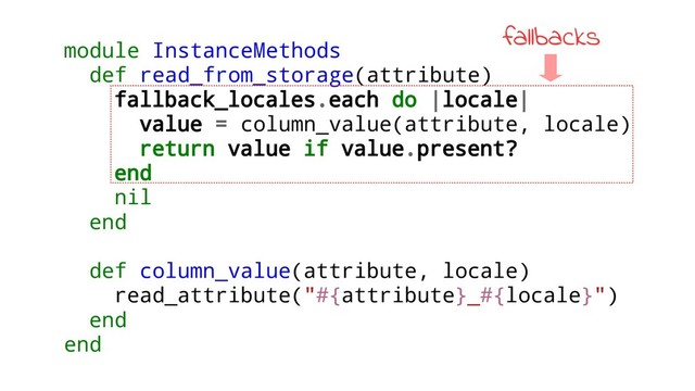 module InstanceMethods
def read_from_storage(attribute)
fallback_locales.each do |locale|
value = column_value(attribute, locale)
return value if value.present?
end
nil
end
def column_value(attribute, locale)
read_attribute("#{attribute}_#{locale}")
end
end
fallbacks
