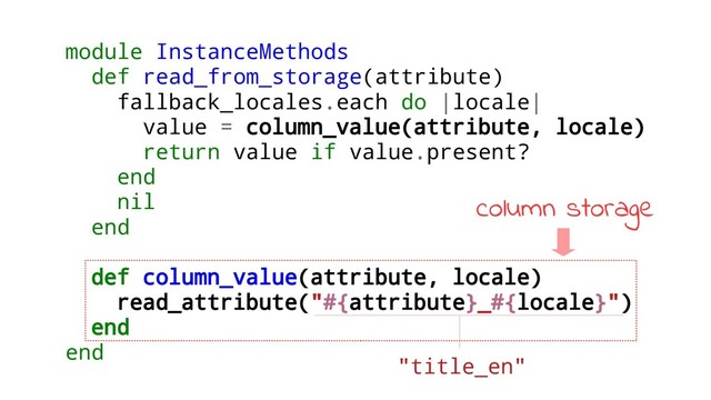 module InstanceMethods
def read_from_storage(attribute)
fallback_locales.each do |locale|
value = column_value(attribute, locale)
return value if value.present?
end
nil
end
def column_value(attribute, locale)
read_attribute("#{attribute}_#{locale}")
end
end
column storage
"title_en"
