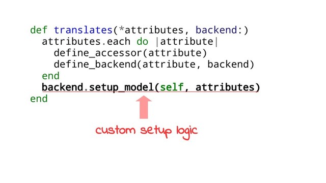 def translates(*attributes, backend:)
attributes.each do |attribute|
define_accessor(attribute)
define_backend(attribute, backend)
end
backend.setup_model(self, attributes)
end
custom setup logic

