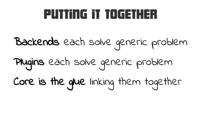 Putting it together
Backends each solve generic problem
Plugins each solve generic problem
Core is the glue linking them together
