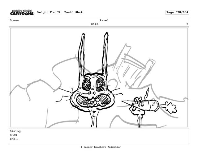 Scene
0640
Panel
7
Dialog
BUGS
Ehh..
Weight For It David Shair Page 678/684
© Warner Brothers Animation
