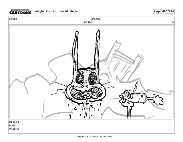 Scene
0640
Panel
9
Dialog
BUGS
That's
Weight For It David Shair Page 680/684
© Warner Brothers Animation
