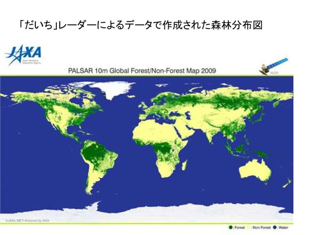 「だいち」レーダーによるデータで作成された森林分布図
