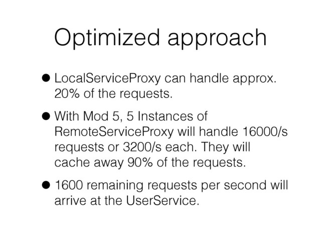 Optimized approach
•LocalServiceProxy can handle approx.
20% of the requests.
•With Mod 5, 5 Instances of
RemoteServiceProxy will handle 16000/s
requests or 3200/s each. They will
cache away 90% of the requests.
•1600 remaining requests per second will
arrive at the UserService.
