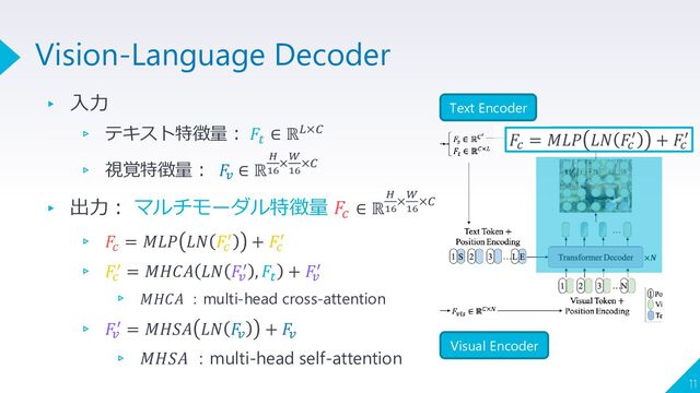 ▸ 入力
▹ テキスト特徴量： 𝐹𝑡
∈ ℝ𝐿×𝐶
▹ 視覚特徴量： 𝐹
𝑣
∈ ℝ
𝐻
16
×𝑊
16
×𝐶
▸ 出力： マルチモーダル特徴量 𝐹
𝑐 ∈ ℝ
𝐻
16
×𝑊
16
×𝐶
▹ 𝐹𝑐
= 𝑀𝐿𝑃 𝐿𝑁 𝐹𝑐
′ + 𝐹𝑐
′
▹ 𝐹𝑐
′ = 𝑀𝐻𝐶𝐴 𝐿𝑁 𝐹𝑣
′ , 𝐹𝑡
+ 𝐹𝑣
′
▹ 𝑀𝐻𝐶𝐴 ：multi-head cross-attention
▹ 𝐹𝑣
′ = 𝑀𝐻𝑆𝐴 𝐿𝑁 𝐹
𝑣
+ 𝐹
𝑣
▹ 𝑀𝐻𝑆𝐴 ：multi-head self-attention
11
Vision-Language Decoder
Text Encoder
Visual Encoder
𝐹𝑐
= 𝑀𝐿𝑃 𝐿𝑁 𝐹
𝑐
′ + 𝐹
𝑐
′
