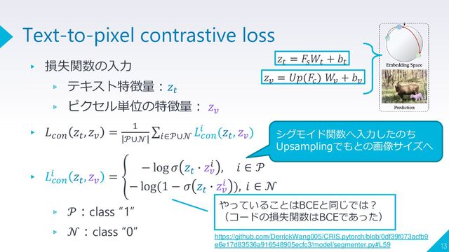 ▸ 損失関数の入力
▹ テキスト特徴量：𝑧𝑡
▹ ピクセル単位の特徴量： 𝑧𝑣
▸ 𝐿𝑐𝑜𝑛
𝑧𝑡
, 𝑧𝑣
= 1
𝒫∪𝒩
σ𝑖∈𝒫∪𝒩
𝐿𝑐𝑜𝑛
𝑖 (𝑧𝑡
, 𝑧𝑣
)
▸ 𝐿𝑐𝑜𝑛
𝑖 𝑧𝑡
, 𝑧𝑣
= ቐ
− log 𝜎 𝑧𝑡
∙ 𝑧𝑣
𝑖 , 𝑖 ∈ 𝒫
− log(1 − 𝜎 𝑧𝑡
∙ 𝑧𝑣
𝑖 ), 𝑖 ∈ 𝒩
▹ 𝒫：class “1”
▹ 𝒩：class “0”
13
Text-to-pixel contrastive loss
𝑧𝑡
= 𝐹𝑠
𝑊𝑡
+ 𝑏𝑡
𝑧𝑣
= 𝑈𝑝(𝐹
𝑐
) 𝑊
𝑣
+ 𝑏𝑣
https://github.com/DerrickWang005/CRIS.pytorch/blob/0df39f073acfb9
e6e17d83536a916548905ecfc3/model/segmenter.py#L59
シグモイド関数へ入力したのち
Upsamplingでもとの画像サイズへ
やっていることはBCEと同じでは？
（コードの損失関数はBCEであった）
