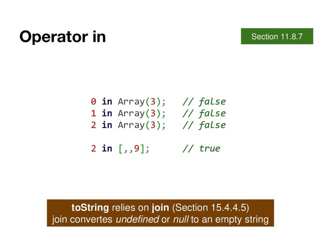Operator in Section 11.8.7
0 in Array(3); // false
1 in Array(3); // false
2 in Array(3); // false
2 in [,,9]; // true
toString relies on join (Section 15.4.4.5)
join convertes undefined or null to an empty string
