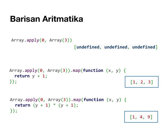 Barisan Aritmatika
Array.apply(0, Array(3)).map(function (x, y) {
return y + 1;
}); [1, 2, 3]
Array.apply(0, Array(3)).map(function (x, y) {
return (y + 1) * (y + 1);
});
[1, 4, 9]
Array.apply(0, Array(3))
[undefined, undefined, undefined]
