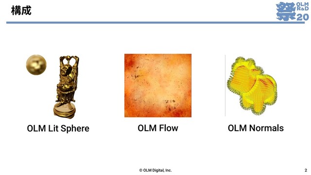 構成
© OLM Digital, Inc. 2
OLM Lit Sphere OLM Flow OLM Normals
