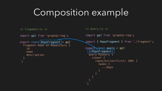 Composition example
/* fragment.ts */
import gql from 'graphql-tag';
export const RepoFragment = gql`
fragment Repo on Repository {
id
name
description
}
`;
/* query.ts */
import gql from 'graphql-tag';
import { RepoFragment } from './fragment';
export const query = gql`
${RepoFragment}
query MyQuery {
viewer {
repositories(first: 100) {
nodes {
...Repo
}
}
}
}
`;
