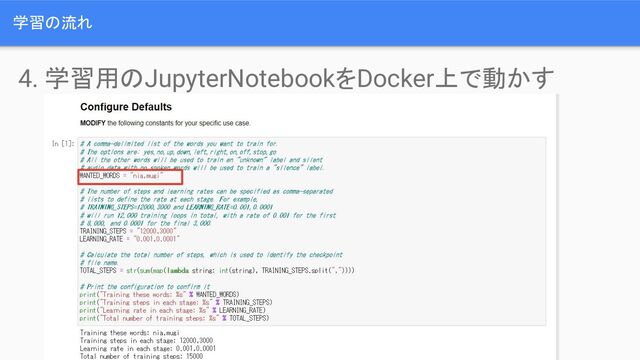 学習の流れ
4. 学習用のJupyterNotebookをDocker上で動かす

