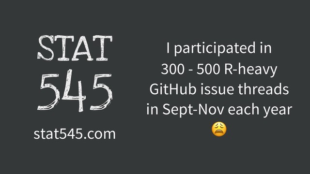 stat545.com
I participated in
300 - 500 R-heavy
GitHub issue threads
in Sept-Nov each year

