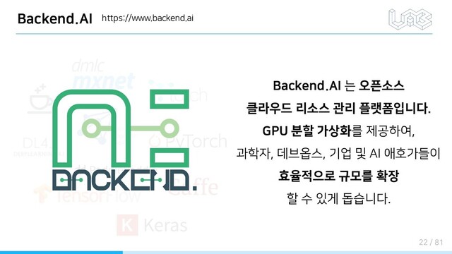 Backend.AI
Backend.AI 는 오픈소스
클라우드 리소스 관리 플랫폼입니다.
GPU 분할 가상화를 제공하여,
과학자, 데브옵스, 기업 및 AI 애호가들이
효율적으로 규모를 확장
할 수 있게 돕습니다.
https://www.backend.ai
22 / 81
