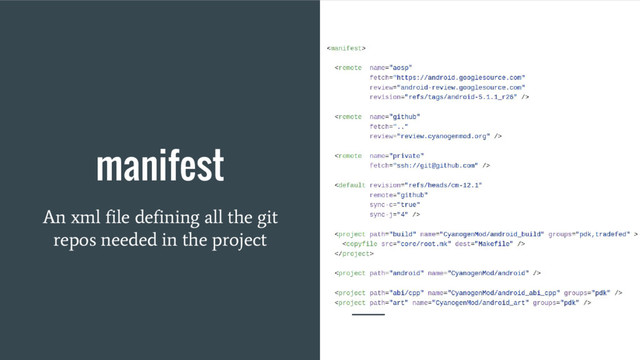 manifest
An xml file defining all the git
repos needed in the project
