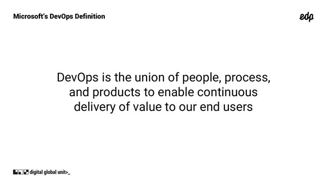 Microsoft’s DevOps Definition
DevOps is the union of people, process,
and products to enable continuous
delivery of value to our end users
