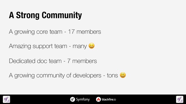 A Strong Community


A growing core team - 17 members


Amazing support team - many 


Dedicated doc team - 7 members


A growing community of developers - tons 
