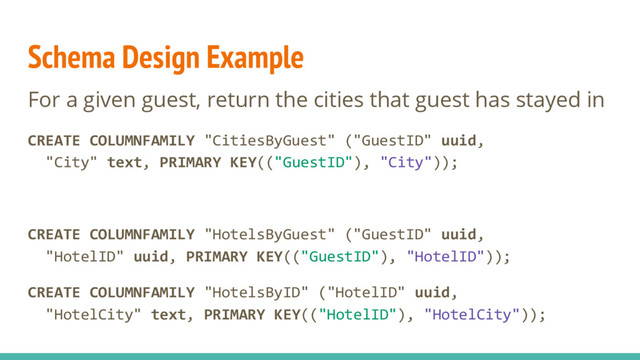 Schema Design Example
For a given guest, return the cities that guest has stayed in
CREATE COLUMNFAMILY "CitiesByGuest" ("GuestID" uuid,
"City" text, PRIMARY KEY(("GuestID"), "City"));
CREATE COLUMNFAMILY "HotelsByGuest" ("GuestID" uuid,
"HotelID" uuid, PRIMARY KEY(("GuestID"), "HotelID"));
CREATE COLUMNFAMILY "HotelsByID" ("HotelID" uuid,
"HotelCity" text, PRIMARY KEY(("HotelID"), "HotelCity"));
