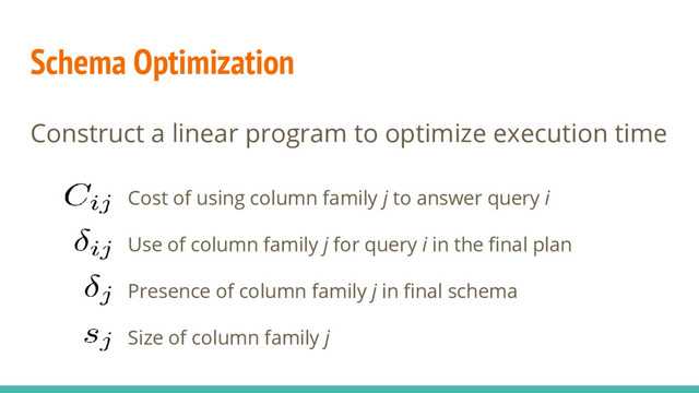 Schema Optimization
Construct a linear program to optimize execution time
Cost of using column family j to answer query i
Use of column family j for query i in the final plan
Presence of column family j in final schema
Size of column family j
