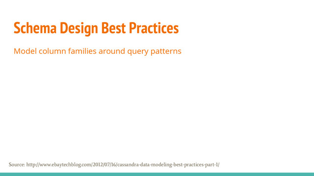 Schema Design Best Practices
Model column families around query patterns
Source: http://www.ebaytechblog.com/2012/07/16/cassandra-data-modeling-best-practices-part-1/
