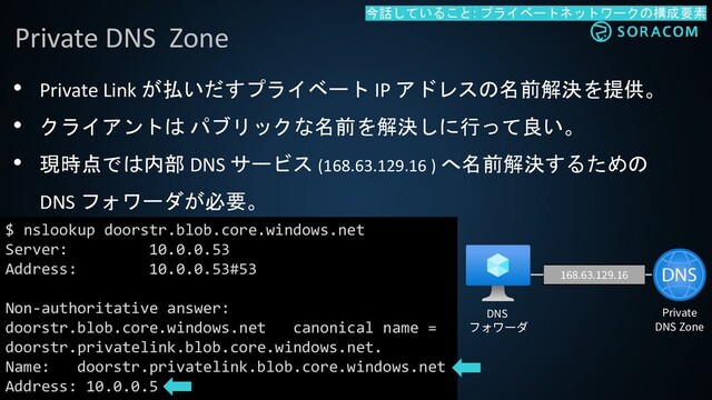 • Private Link が払いだすプライベート IP アドレスの名前解決を提供。
• クライアントは パブリックな名前を解決しに行って良い。
• 現時点では内部 DNS サービス (168.63.129.16 ) へ名前解決するための
DNS フォワーダが必要。
Private DNS Zone
168.63.129.16
$ nslookup doorstr.blob.core.windows.net
Server: 10.0.0.53
Address: 10.0.0.53#53
Non-authoritative answer:
doorstr.blob.core.windows.net canonical name =
doorstr.privatelink.blob.core.windows.net.
Name: doorstr.privatelink.blob.core.windows.net
Address: 10.0.0.5
今話していること: プライベートネットワークの構成要素
DNS Private
DNS Zone
