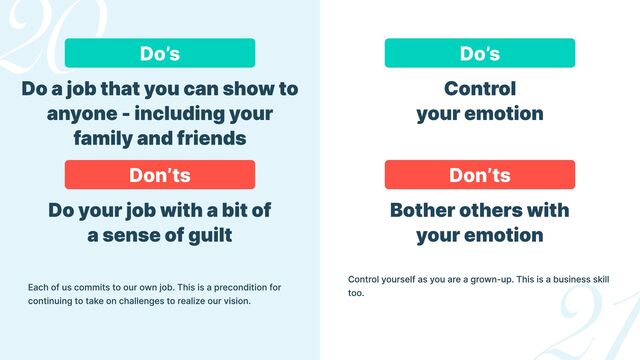 Do’s Do’s
Don’ts Don’ts
Do a job that you can show to
anyone - including your
family and friends
Control

your emotion
Do your job with a bit of

a sense of guilt
Bother others with

your emotion
Each of us commits to our own job. This is a precondition for
continuing to take on challenges to realize our vision.
Control yourself as you are a grown-up. This is a business skill
too.
