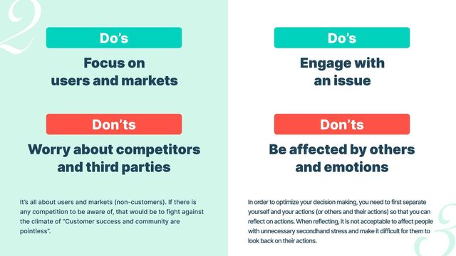 Do’s
Don’ts
Engage with

an issue
Do’s
Don’ts
Focus on

users and markets
Worry about competitors
and third parties
Be affected by others

and emotions
It’s all about users and markets (non-customers). If there is
any competition to be aware of, that would be to fight against
the climate of “Customer success and community are
pointless”.
In order to optimize your decision making, you need to first separate
yourself and your actions (or others and their actions) so that you can
reflect on actions. When reflecting, it is not acceptable to affect people
with unnecessary secondhand stress and make it difficult for them to
look back on their actions.
