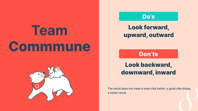 Do’s
Don’ts
Look forward,
upward, outward
Look backward,
downward, inward
The result does not make a team vibe better; a good vibe brings
a better result.
Team

Commmune
