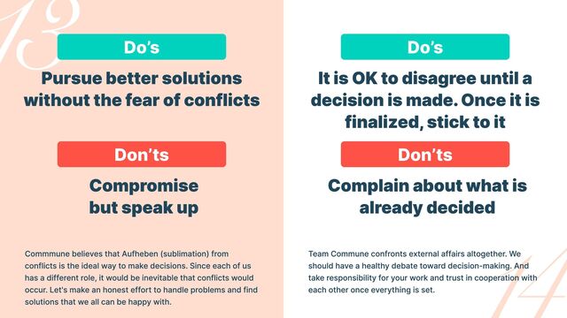 Do’s Do’s
Don’ts Don’ts
Pursue better solutions
without the fear of conflicts
It is OK to disagree until a
decision is made. Once it is
finalized, stick to it
Compromise

but speak up
Complain about what is
already decided
Commmune believes that Aufheben (sublimation) from
conflicts is the ideal way to make decisions. Since each of us
has a different role, it would be inevitable that conflicts would
occur. Let's make an honest effort to handle problems and find
solutions that we all can be happy with.
Team Commune confronts external affairs altogether. We
should have a healthy debate toward decision-making. And
take responsibility for your work and trust in cooperation with
each other once everything is set.
