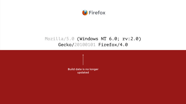 Mozilla/5.0 (Windows NT 6.0; rv:2.0)  
Gecko/20100101 Firefox/4.0
Firefox
Build date is no longer 
updated
