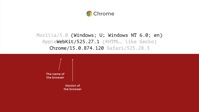 Mozilla/5.0 (Windows; U; Windows NT 6.0; en) 
AppleWebKit/525.27.1 (KHTML, like Gecko) 
Chrome/15.0.874.120 Safari/525.28.3
Chrome
The name of  
the browser
Version of 
the browser
