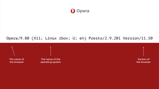 Opera/9.80 (X11; Linux zbov; U; en) Presto/2.9.201 Version/11.50
Opera
The name of  
the browser
Version of 
the browser
The name of the 
operating system
