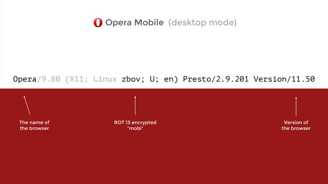 Opera/9.80 (X11; Linux zbov; U; en) Presto/2.9.201 Version/11.50
Opera Mobile (desktop mode)
The name of  
the browser
Version of 
the browser
ROT 13 encrypted 
“mobi“

