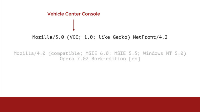 Mozilla/5.0 (VCC; 1.0; like Gecko) NetFront/4.2
Mozilla/4.0 (compatible; MSIE 6.0; MSIE 5.5; Windows NT 5.0)  
Opera 7.02 Bork-edition [en]
Vehicle Center Console
