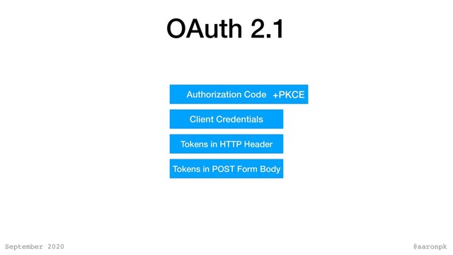 @aaronpk
September 2020
OAuth 2.1
Authorization Code
Client Credentials
+PKCE
Tokens in HTTP Header
Tokens in POST Form Body
