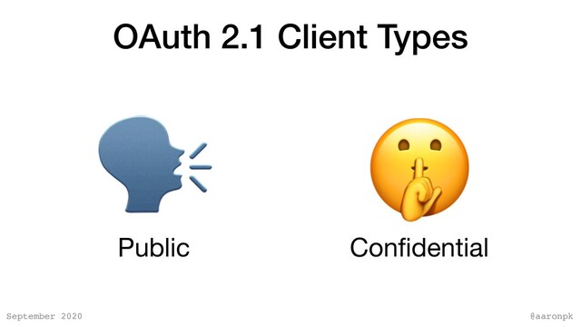@aaronpk
September 2020
OAuth 2.1 Client Types
Public

Conﬁdential

