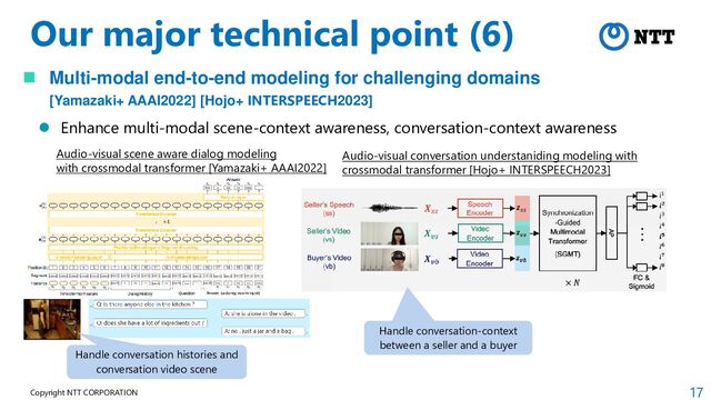 17
Copyright NTT CORPORATION
Our major technical point (6)
 Multi-modal end-to-end modeling for challenging domains
[Yamazaki+ AAAI2022] [Hojo+ INTERSPEECH2023]
 Enhance multi-modal scene-context awareness, conversation-context awareness
Audio-visual scene aware dialog modeling
with crossmodal transformer [Yamazaki+ AAAI2022]
Audio-visual conversation understaniding modeling with
crossmodal transformer [Hojo+ INTERSPEECH2023]
Handle conversation-context
between a seller and a buyer
Handle conversation histories and
conversation video scene
