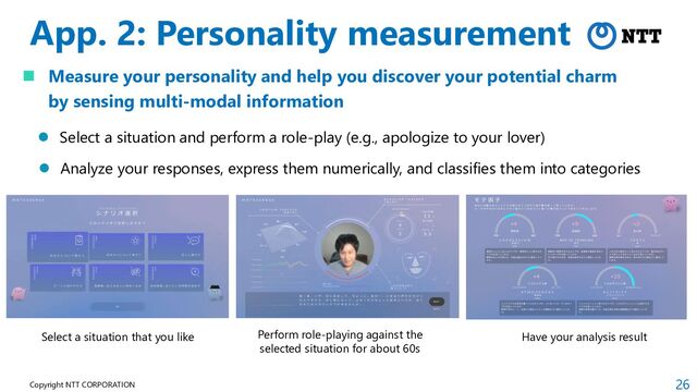 26
Copyright NTT CORPORATION
App. 2: Personality measurement
Select a situation that you like Perform role-playing against the
selected situation for about 60s
Have your analysis result
 Measure your personality and help you discover your potential charm
by sensing multi-modal information
 Select a situation and perform a role-play (e.g., apologize to your lover)
 Analyze your responses, express them numerically, and classifies them into categories
